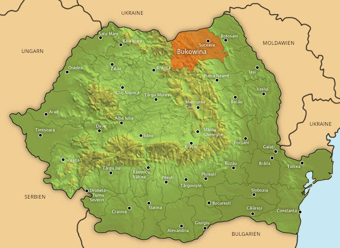 Karte: Region Bukowina in Rumänien orange hervorgehoben